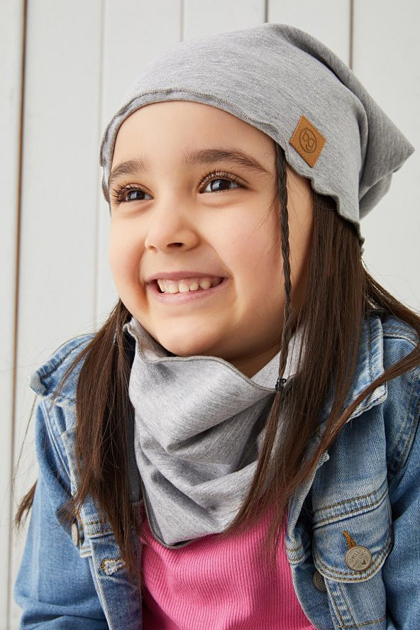 Babygiz Gri Kız Çocuk Bebek Bere Boyunluk Set Yumuşak %100 Pamuklu Penye Trend Seri - 2