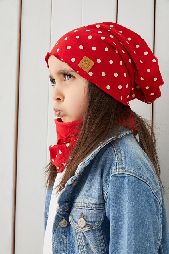 Babygiz Kırmızı Beyaz Kız Çocuk Bebek Bere Boyunluk Set Yumuşak %100 Pamuklu Penye Trend Seri - 2