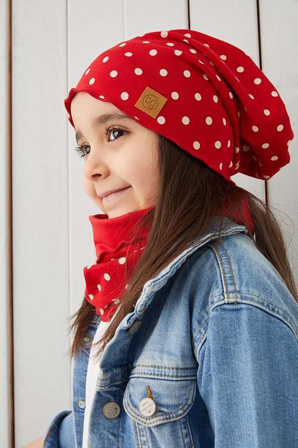 Babygiz Kırmızı Beyaz Kız Çocuk Bebek Bere Boyunluk Set Yumuşak %100 Pamuklu Penye Trend Seri - 3