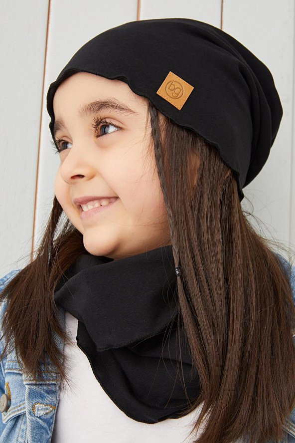 Babygiz Siyah Kız Çocuk Bebek Bere Boyunluk Set Yumuşak %100 Pamuklu Penye Trend Seri - Resim 2