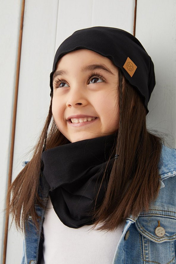 Babygiz Siyah Kız Çocuk Bebek Bere Boyunluk Set Yumuşak %100 Pamuklu Penye Trend Seri - Resim 4