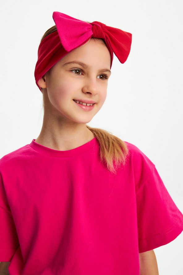 Fuşya-Kırmızı Kız Pamuklu Penye, Kaymaz, Terletmez, Ultra Hafif Esnek Fiyonk Bağlamalı Saç Bandı Bandana ürün görseli 1