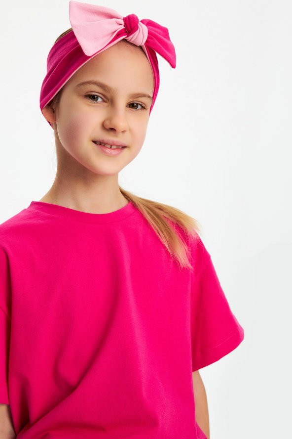 Fuşya-Pembe Kız Pamuklu Penye, Kaymaz, Terletmez, Ultra Hafif Esnek Fiyonk Bağlamalı Saç Bandı Bandana - 3