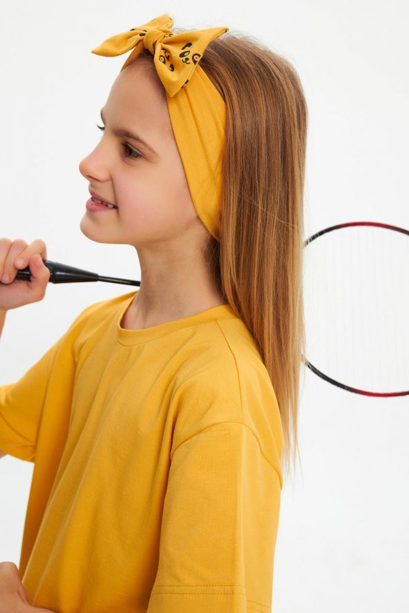 Hardal Kız Pamuklu Penye, Kaymaz, Terletmez, Ultra Hafif Esnek Fiyonk Bağlamalı Saç Bandı Bandana - 2