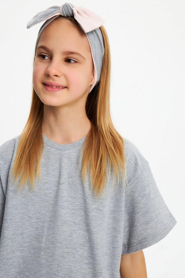 Gri-Pudra Kız Pamuklu Penye, Kaymaz, Terletmez, Ultra Hafif Esnek Fiyonk Bağlamalı Saç Bandı Bandana - 5