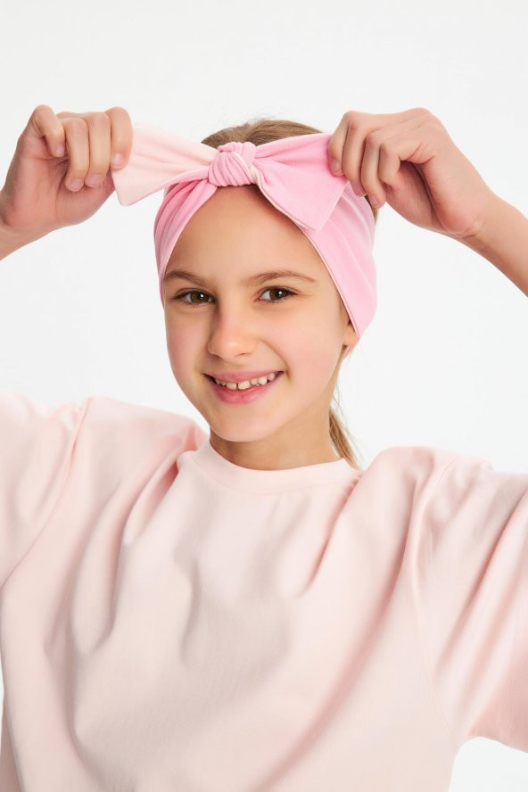 Pembe-Pudra Kız Pamuklu Penye, Kaymaz, Terletmez, Ultra Hafif Esnek Fiyonk Bağlamalı Saç Bandı Bandana - 3