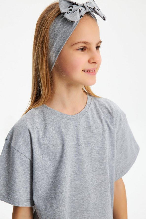 Gri Kız Pamuklu Penye, Kaymaz, Terletmez, Ultra Hafif Esnek Fiyonk Bağlamalı Saç Bandı Bandana - 4