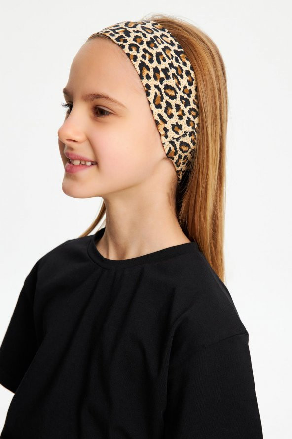 Leopar Kız Pamuklu Penye, Kaymaz, Terletmez, Ultra Hafif, Esnek Desenli Saç Bandı Bandana ürün görseli 1