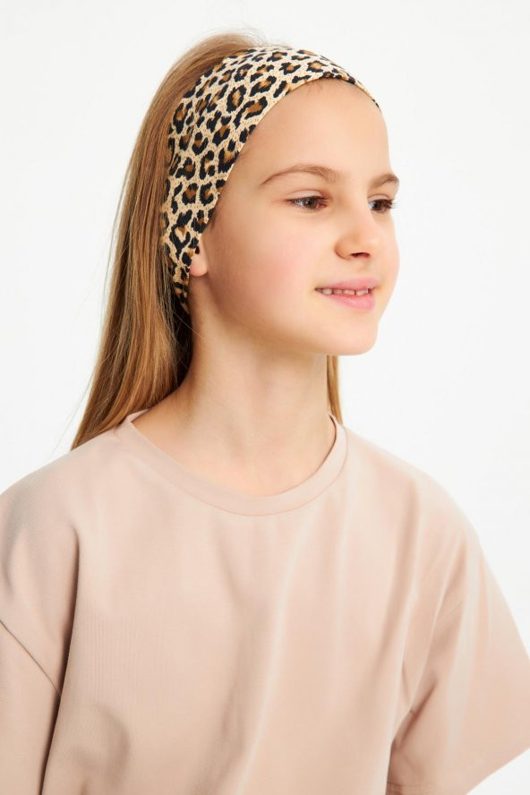 Leopar Kız Pamuklu Penye, Kaymaz, Terletmez, Ultra Hafif,  Esnek  Desenli Saç Bandı Bandana - 2