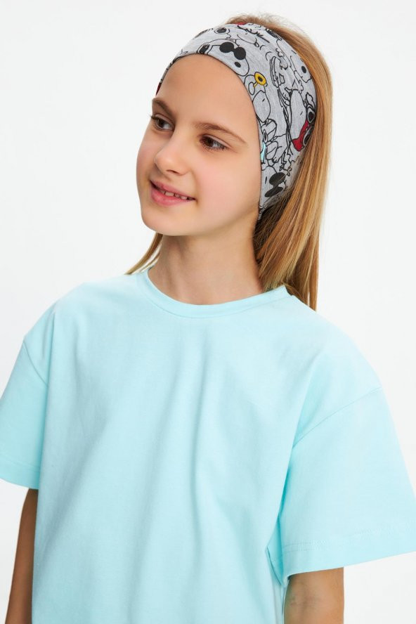 Gri Kız Pamuklu Penye, Kaymaz, Terletmez, Ultra Hafif,  Esnek  Desenli Saç Bandı Bandana - 7