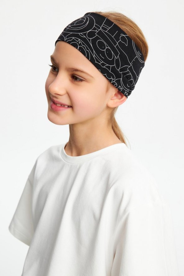 Siyah-melanj Kız Pamuklu Penye, Kaymaz, Terletmez, Ultra Hafif, Esnek Desenli Saç Bandı Bandana