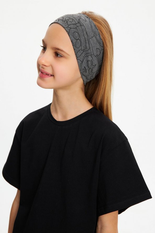 Füme Kız Pamuklu Penye, Kaymaz, Terletmez, Ultra Hafif, Esnek Desenli Saç Bandı Bandana - 5
