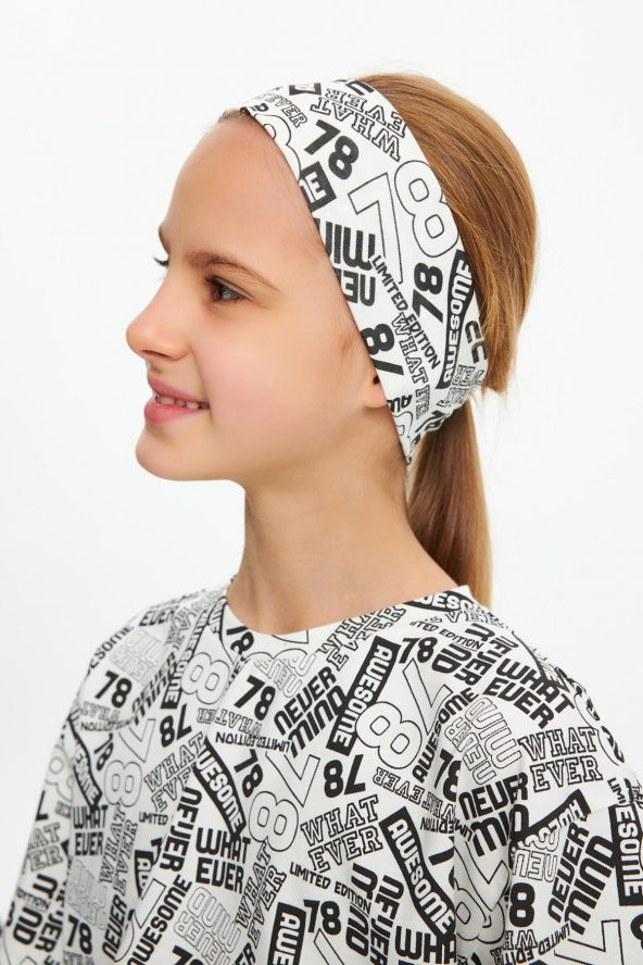 Beyaz Kız Pamuklu Penye, Kaymaz, Terletmez, Ultra Hafif,  Esnek Desenli Saç Bandı Bandana - 8