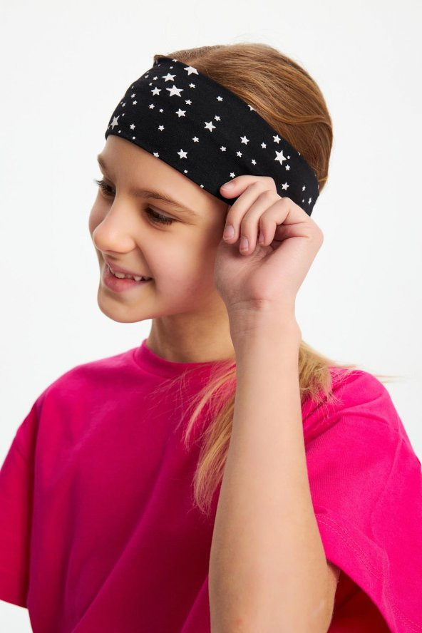 Siyah-Beyaz Yıldız Kız Pamuklu Penye, Kaymaz, Terletmez, Ultra Hafif,  Esnek  Desenli Saç Bandı Bandana - 8