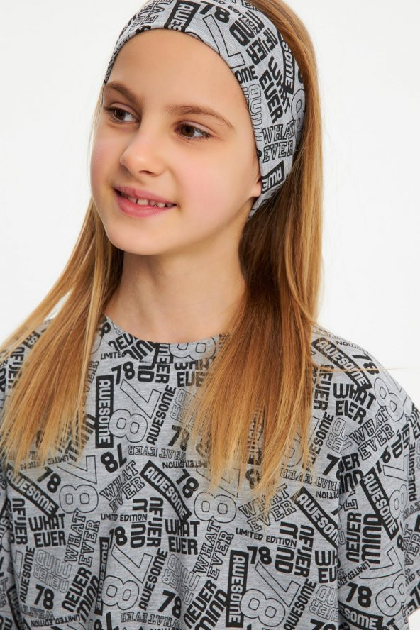 Gri Kız Pamuklu Penye, Kaymaz, Terletmez, Ultra Hafif,  Esnek Desenli Saç Bandı Bandana - 8