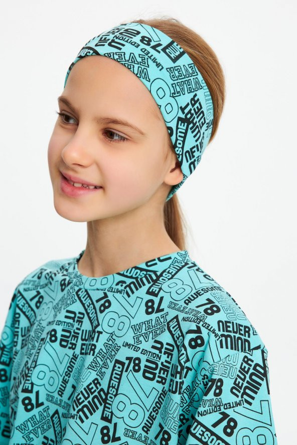 Turkuaz Kız Pamuklu Penye, Kaymaz, Terletmez, Ultra Hafif,  Esnek Desenli Saç Bandı Bandana - 8