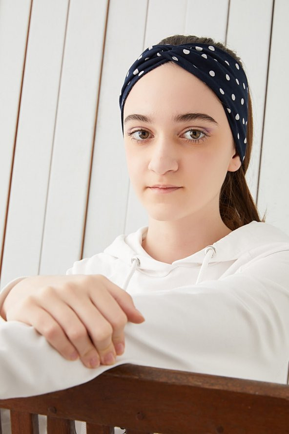 Lacivert  Puantiye Çocuk Genç Bandana Saç Bandı ekstra yumuşak Esnek doğal %100 pamuklu Penye - 4