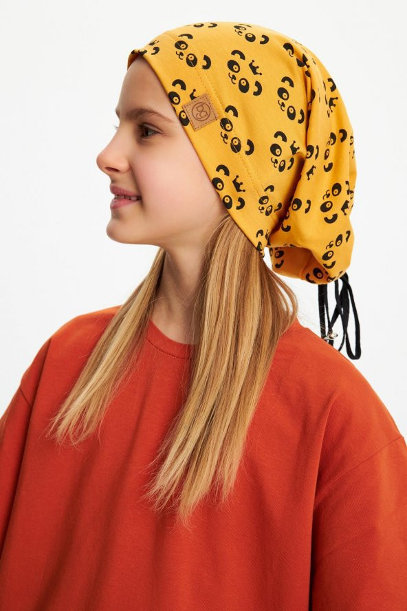 Hardal Kız Bebek Çocuk Genç Panda figürlü 4 mevsim Şapka Bere %100 pamuklu penye ürün görseli 1