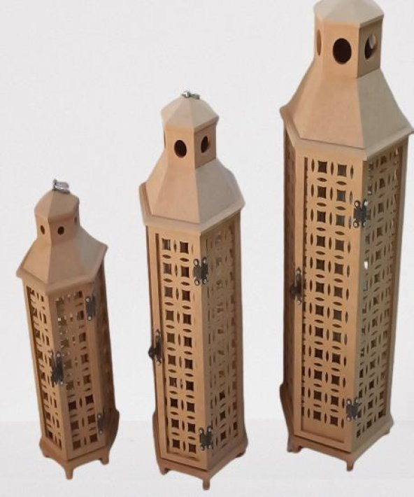 Hobi Adn 90235 Dekoratif Fenerlik 3lü Set MDF HAM CNC Kesim Oyma Nakış El Yapımı - 2