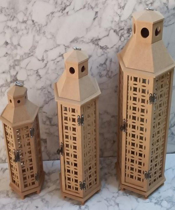 Hobi Adn 90235 Dekoratif Fenerlik 3lü Set MDF HAM CNC Kesim Oyma Nakış El Yapımı - 4