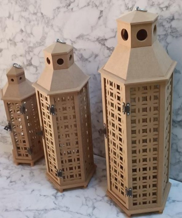 Hobi Adn 90235 Dekoratif Fenerlik 3lü Set MDF HAM CNC Kesim Oyma Nakış El Yapımı - 5