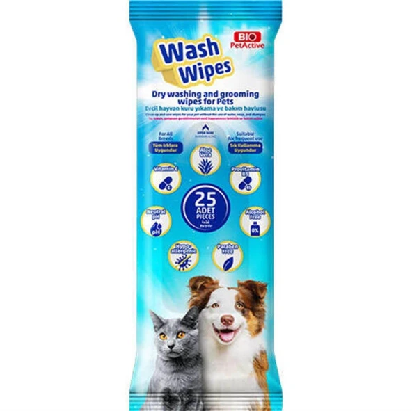 Bio Petactive Wash Wipes Evcil Hayvanlar İçin Kuru Yıkama Havlusu (25 Adet)