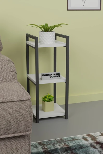 Metal Ahşap Dekoratif Çok Amaçlı Raf 3 Katlı Banyo Mutfak Rafı Çiçeklik Organizer Beyaz - 3