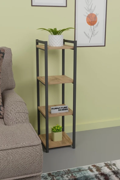 Metal Ahşap Dekoratif Çok Amaçlı Raf 4 Katlı Banyo Mutfak Rafı Çiçeklik Organizer Atlantik Çam - 3