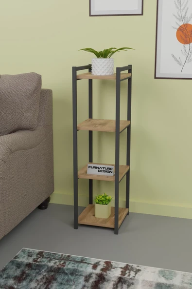 Metal Ahşap Dekoratif Çok Amaçlı Raf 4 Katlı Banyo Mutfak Rafı Çiçeklik Organizer Atlantik Çam