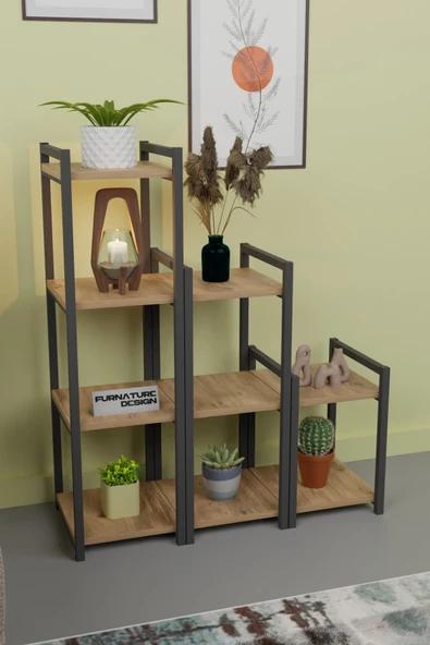 Metal Dekoratif Çok Amaçlı Raf 9 Raflı Banyo Mutfak Rafı Çiçeklik Organizer Atlantik Çam - 3