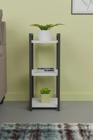 Metal Ahşap Dekoratif Çok Amaçlı Raf 3 Katlı Banyo Mutfak Rafı Çiçeklik Organizer Beyaz - 2