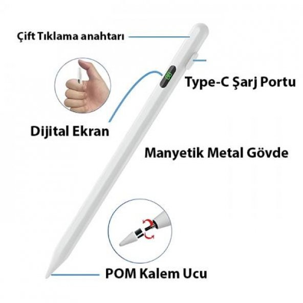 Coofbe Şarj Göstergeli Dokunmatik Tablet Kalemi Stylus Kalem Apple ve Android İle Uyumlu Çizim Kalemi - 2