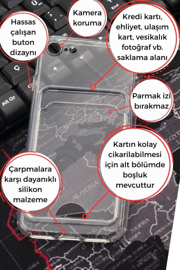 iPhone 7 / 8 Uyumlu Kredi Kartlıklı Şeffaf Kılıf Kamera Korumalı - Resim 2