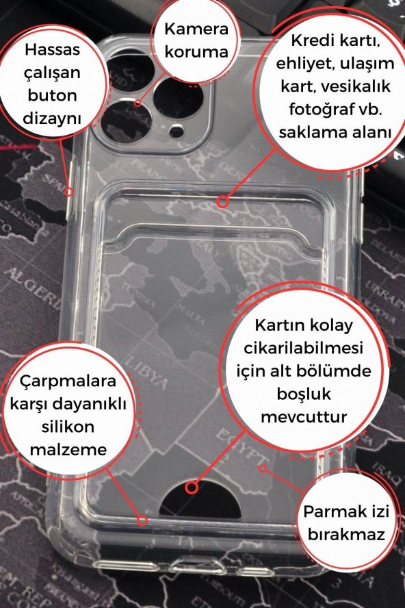 iPhone 11 Pro Uyumlu Kredi Kartlıklı Şeffaf Kılıf Kamera Korumalı - Resim 2