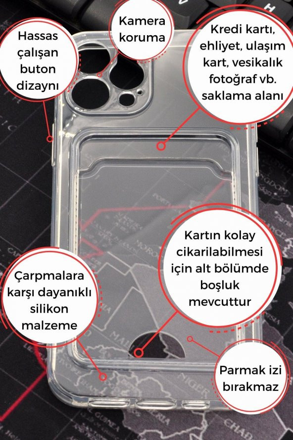 iPhone 12 Uyumlu Kredi Kartlıklı Şeffaf Kılıf Kamera Korumalı - Resim 2