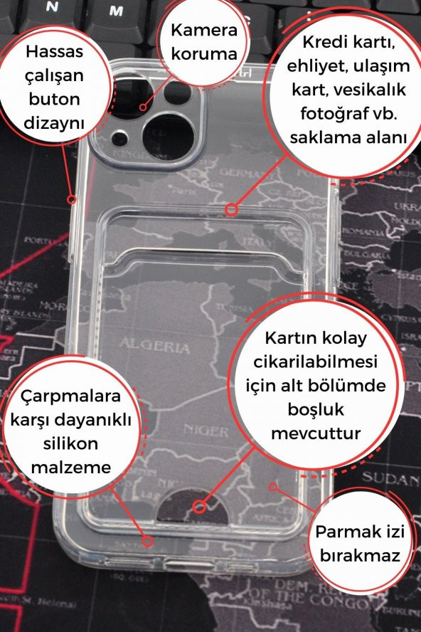 iPhone 14 Uyumlu Kredi Kartlıklı Şeffaf Kılıf Kamera Korumalı - Resim 2
