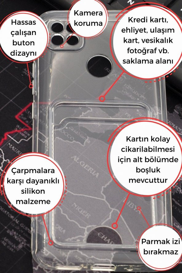 Xiaomi Redmi 9C Uyumlu Kredi Kartlıklı Şeffaf Kılıf Kamera Korumalı - Resim 2