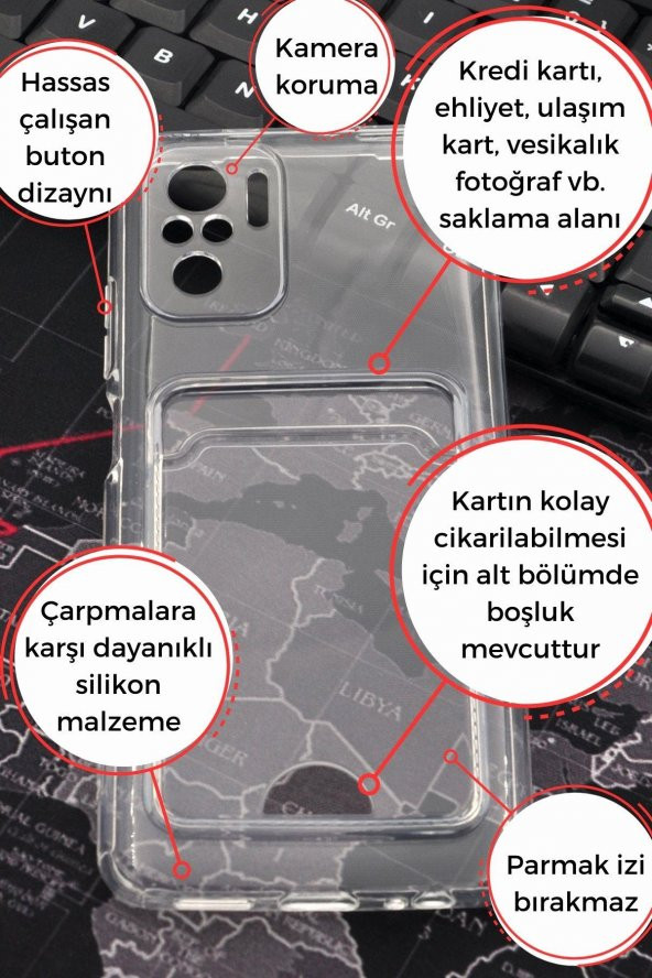 Xiaomi Redmi Note 10 Uyumlu Kredi Kartlıklı Şeffaf Kılıf Kamera Korumalı - Resim 2