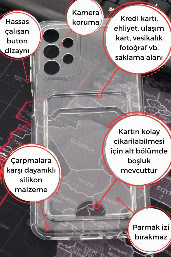 Samsung A13 Uyumlu Kredi Kartlıklı Şeffaf Kılıf Kamera Korumalı - Resim 2