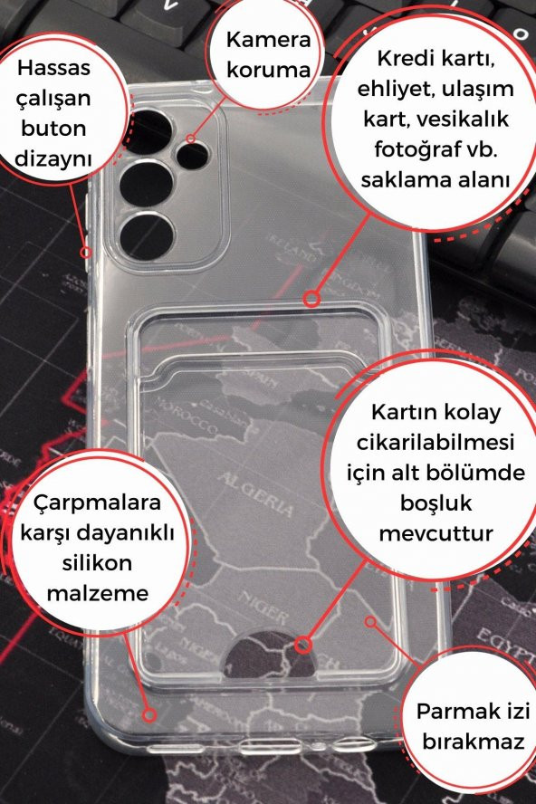 Samsung A14 Uyumlu Kredi Kartlıklı Şeffaf Kılıf Kamera Korumalı - Resim 2