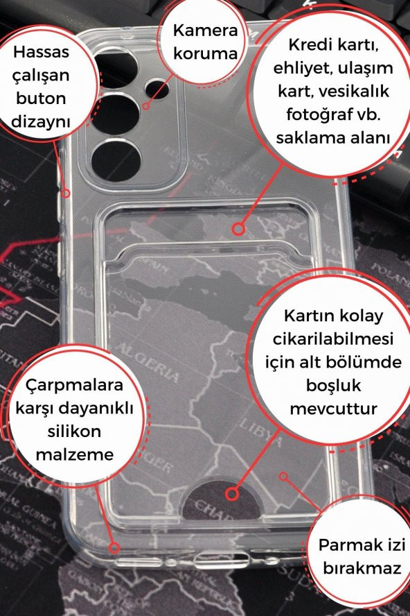 Samsung A54 Uyumlu Kredi Kartlıklı Şeffaf Kılıf Kamera Korumalı - Resim 2