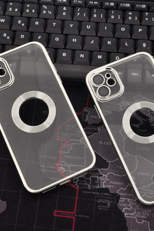 iPhone 11 Uyumlu Gümüş Gri Silver Renkli Kenarlı Lazerli Şeffaf Kılıf Lens Korumalı - Resim 2