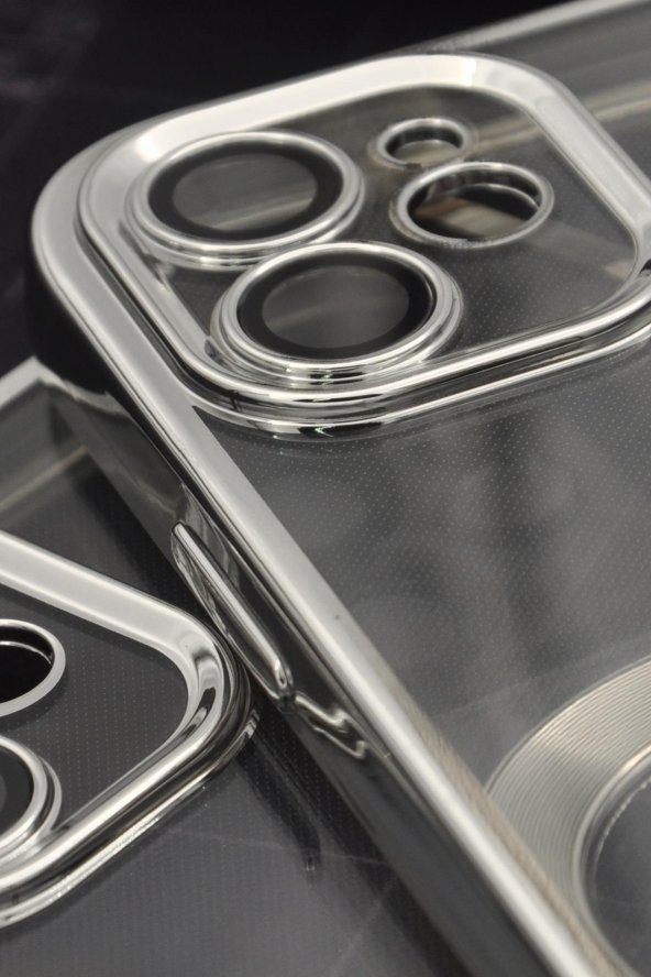 iPhone 11 Uyumlu Gümüş Gri Silver Renkli Kenarlı Lazerli Şeffaf Kılıf Lens Korumalı - Resim 3