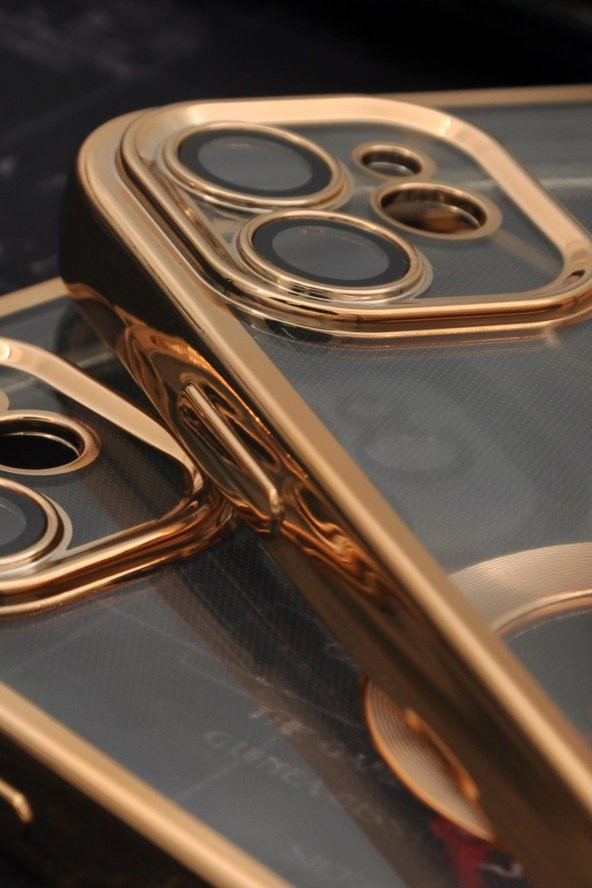 iPhone 11 Uyumlu Altın Sarı Gold Renkli Kenarlı Lazerli Şeffaf Kılıf Lens Korumalı - Resim 3