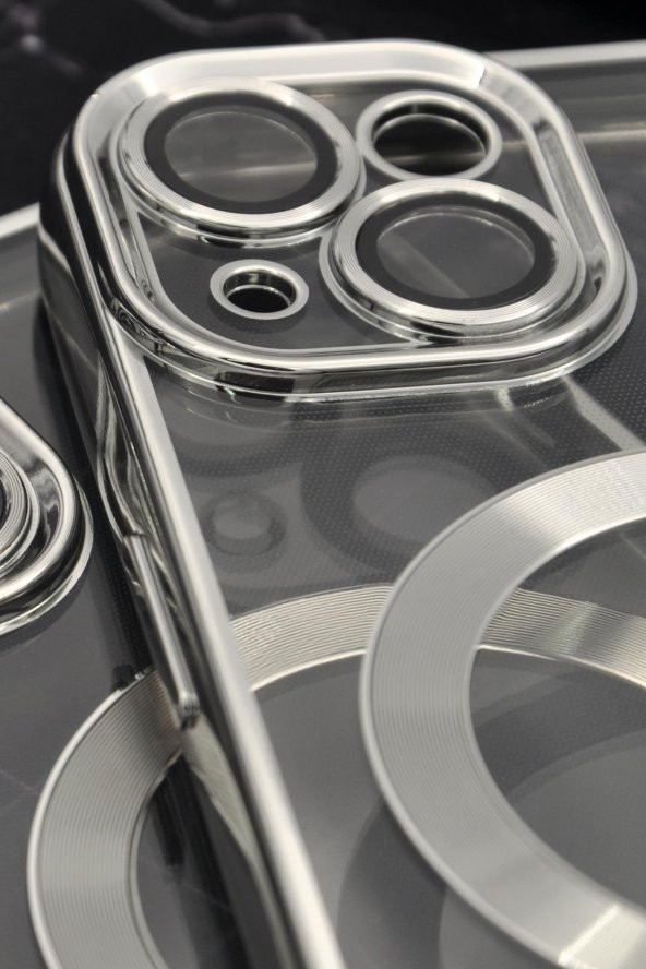 iPhone 13 Uyumlu MagSafe Özellikli Gümüş Gri Silver Renkli Kenarlı Lazerli Şeffaf Kılıf Lens Korumalı - Resim 3