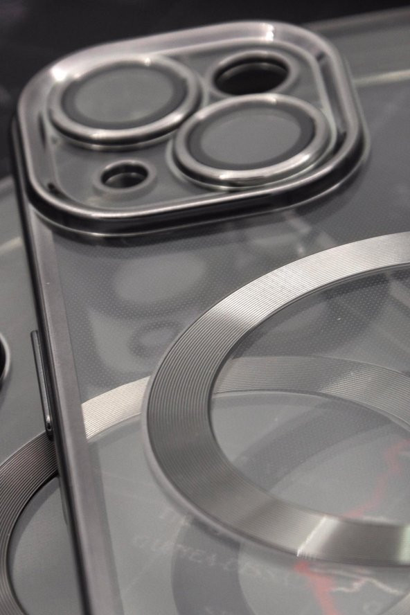 iPhone 13 Uyumlu MagSafe Özellikli Siyah Renkli Kenarlı Lazerli Şeffaf Kılıf Lens Korumalı - Resim 3