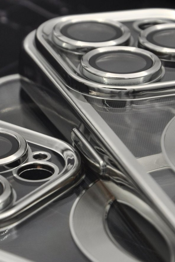 iPhone 13 Pro Uyumlu MagSafe Özellikli Gümüş Gri Silver Renkli Kenarlı Lazerli Şeffaf Kılıf Lens Korumalı - Resim 3