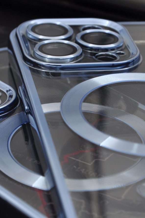 iPhone 13 Pro Uyumlu MagSafe Özellikli Saks Mavi Renkli Kenarlı Lazerli Şeffaf Kılıf Lens Korumalı - Resim 3