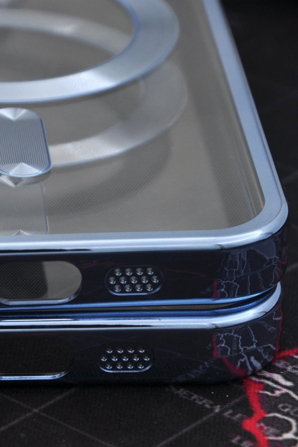 iPhone 13 Pro Uyumlu MagSafe Özellikli Saks Mavi Renkli Kenarlı Lazerli Şeffaf Kılıf Lens Korumalı - Resim 4