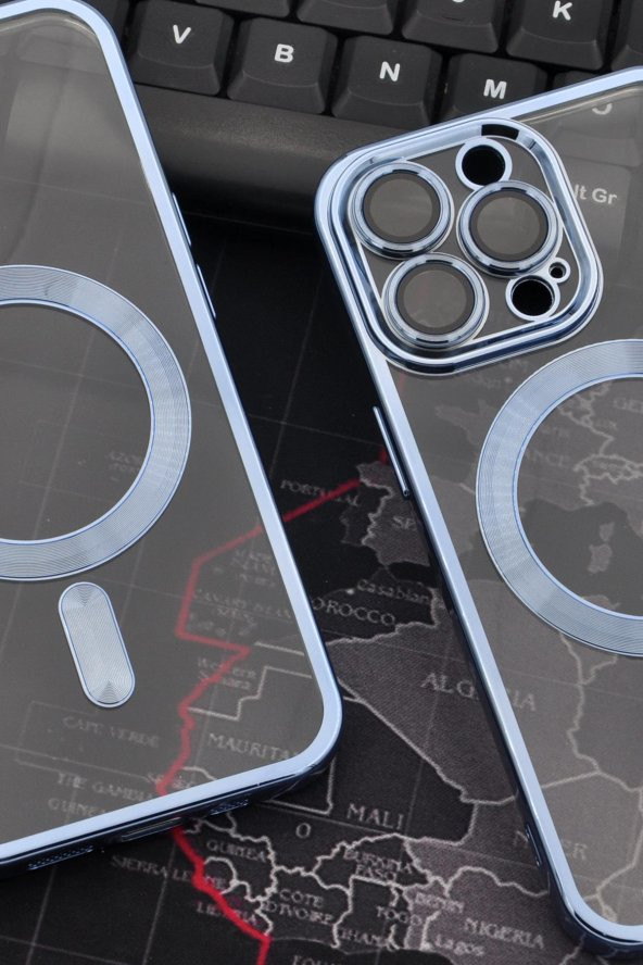 iPhone 13 Pro Uyumlu MagSafe Özellikli Saks Mavi Renkli Kenarlı Lazerli Şeffaf Kılıf Lens Korumalı - Resim 6
